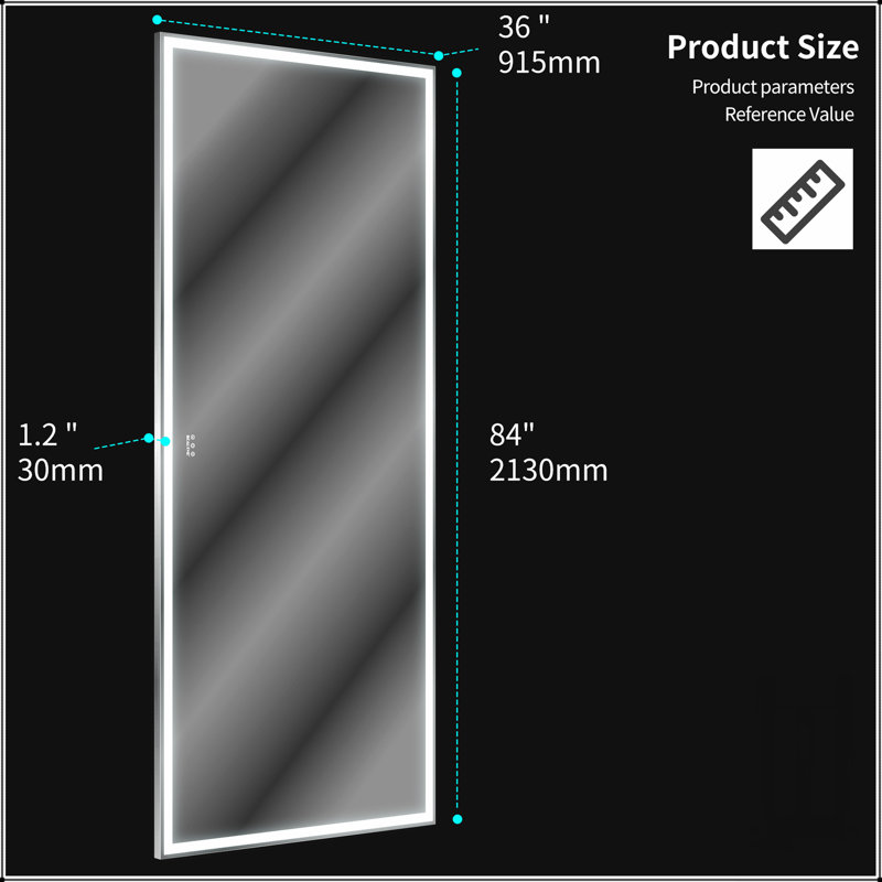 Très grand miroir de salle de bain à DEL avec éclairage 3 couleurs, cadre en aluminium, corps entier, suspension verticale et horizontale, argent, 84 po x 36 po