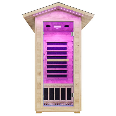 Sauna extérieur pour 1 personne, sauna infrarouge pour la maison, sauna sec en bois d'épinette 1245W / 110V avec chauffeur de pieds en pierre de tourmaline, luminothérapie 7 couleurs, 2 haut-parleurs Bluetooth, 33,5 po x 35,8 po x 78,7 po