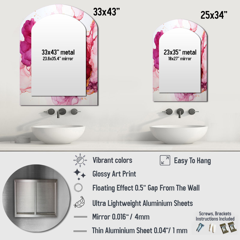 «Blossoming Magenta Bliss Ink Cloud Watercolor I», peinture abstraite arche, miroir mural unique, grand miroir asymétrique rose, impression d'art en métal