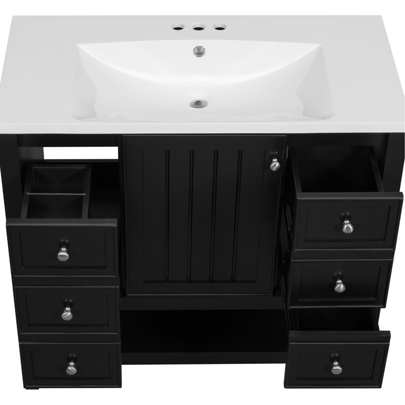Black Bathroom Vanity - Solid Wood & , Three Drawer Sink Included, 34.1" Height