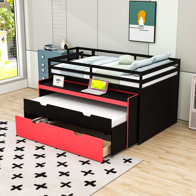 Lit mezzanine avec bureau, lit gigogne et 2 tiroirs de rangement, Full XL, Black Red