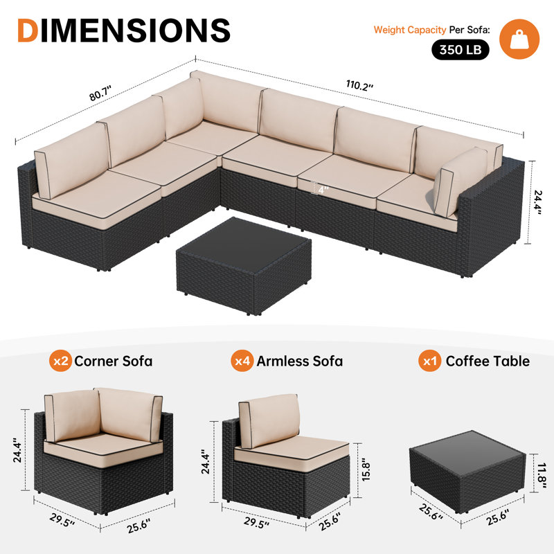 Ensemble de conversation d'extérieur en rotin pour 6 personnes avec coussins, Kaki, Noir
