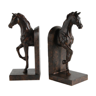 Set of 2 Brown Polyresin Trotting Horse Bookends with Detailed Sculpting