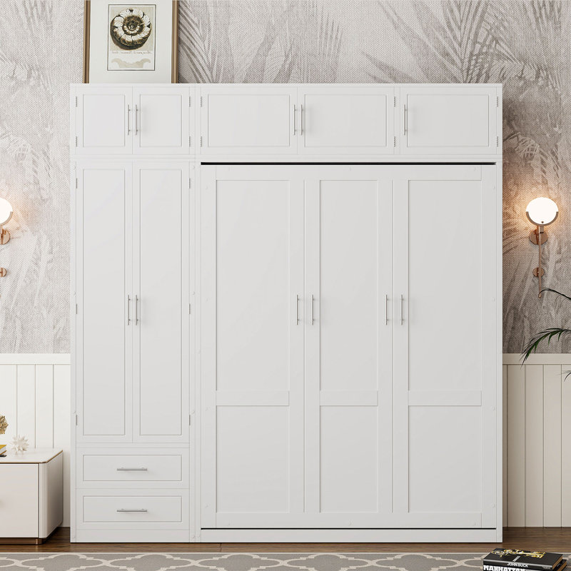 Grand lit escamotable avec garde-robe et armoire, Blanc