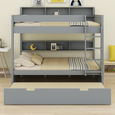 Wooden Bunk Bed Frame with Trundle and Storage Shelves
