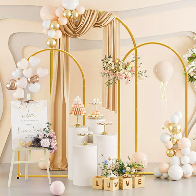 Set Of 3 Gold Metal Wedding Arch Backdrop Stand 7.2 Ft. 6.6 Ft. 6 Ft. For Ceremony Party Balloon Floral Decoration