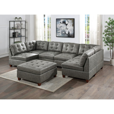Cassoday Modern Sofa Modular Sectional 7Pc Set Breathable Leatherette Tufted Couch 2X Corner Wedge 4X Armless Chairs And 1X Ottoman U-Shaped