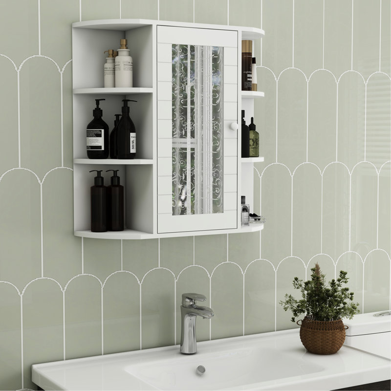 Wall Mounted Bathroom Shelf Cabinet With Mirror - 6 Open, 3 Adjustable, White Open Shelves, Coated