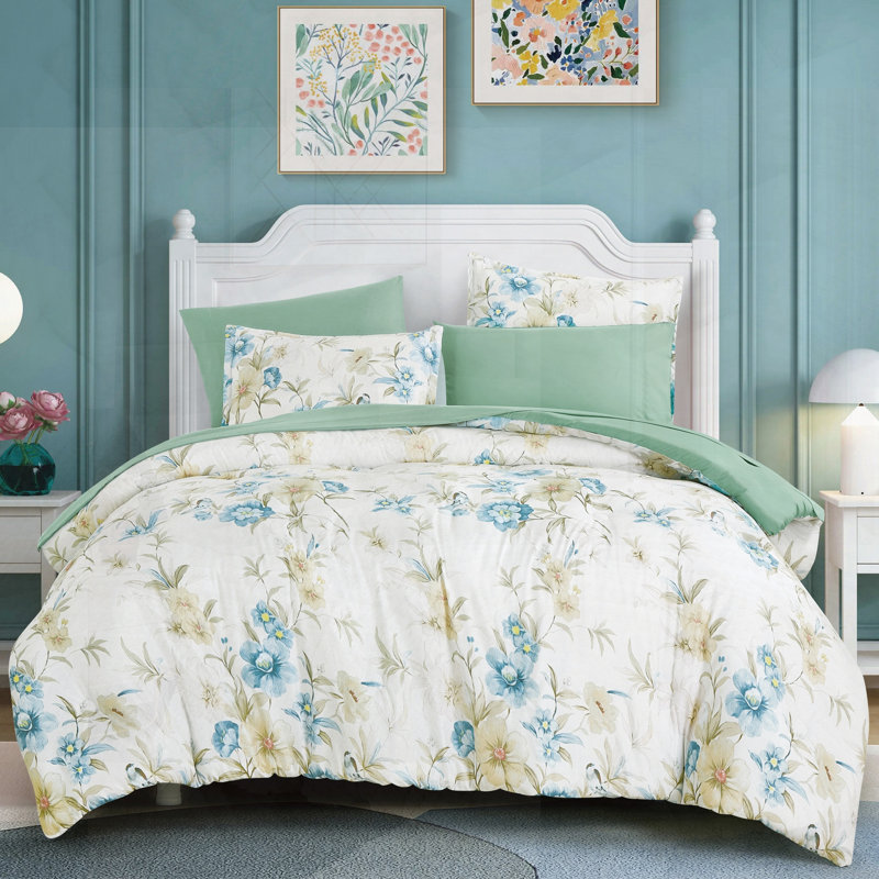 Ensemble de lit dans un sac à imprimé floral bleu et vert 7 pièces, ensemble de literie tout-en-un avec ensemble d'édredon et de draps