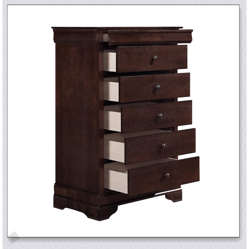 Commode à 5 tiroirs de style Louis Philippe avec finition cerisier brun et tiroir à bijoux doublé de feutre pour un rangement élégant