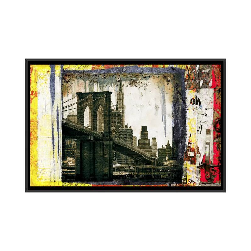 «Pont Brooklyn Pancarte» par Luz, reproduction de photo sur toile, H 18 po x l 26 po x P 1,5 po, Pas de tapis