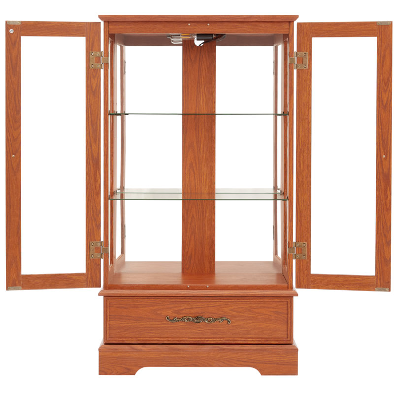 Glass Cabinet Lighted Glass Cabinet Curio Display Cabinet With Adjustable Glass Shelves 2 Doors And 1 Drawer Cabinet Bulb Included DARK OAK