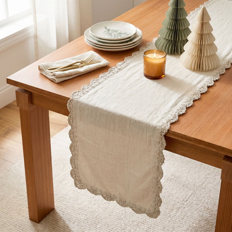 Eclectic Cotton Table Runner with Crocheted Edge