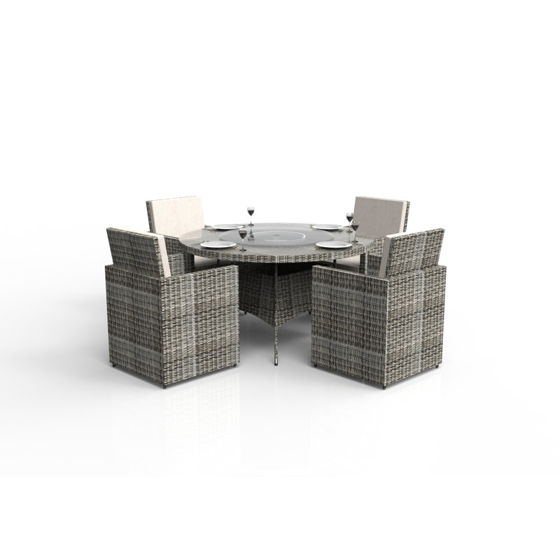Ensemble repas pour 5 personnes en osier avec table ronde, gris, gris