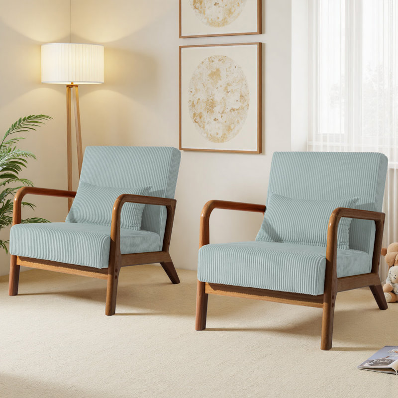 Jyrin Mid Century Upholstered Light Blue Corduroy Solid Wood Accent Chair with an Extra Pillow, Dark Brown Wood