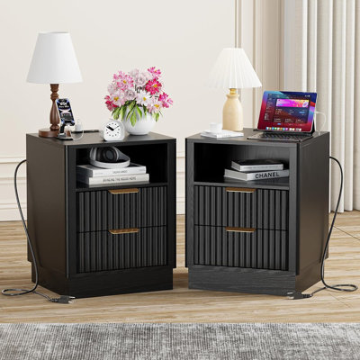 Ensemble de 2 tables de chevet avec station de charge, table de chevet cannelée avec tiroirs et tablette, noir