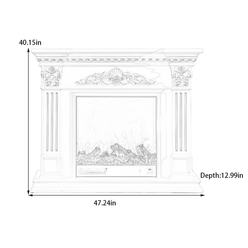 Three-dimensional carving craft fireplace, 40.15" H x 47.24" W x 12.99" D, White