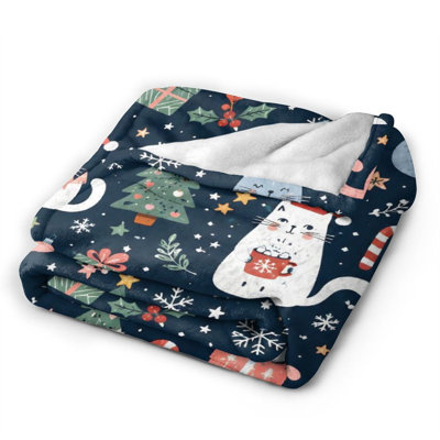 Couverture de Noël avec motif de chat, cadeau idéal pour les amoureux des chats, femmes, décoration douillette pour les fêtes (50 x 40 cm). De plus, un sac fourre-tout en toile avec un chat et un chapeau de Noël vous est offert.