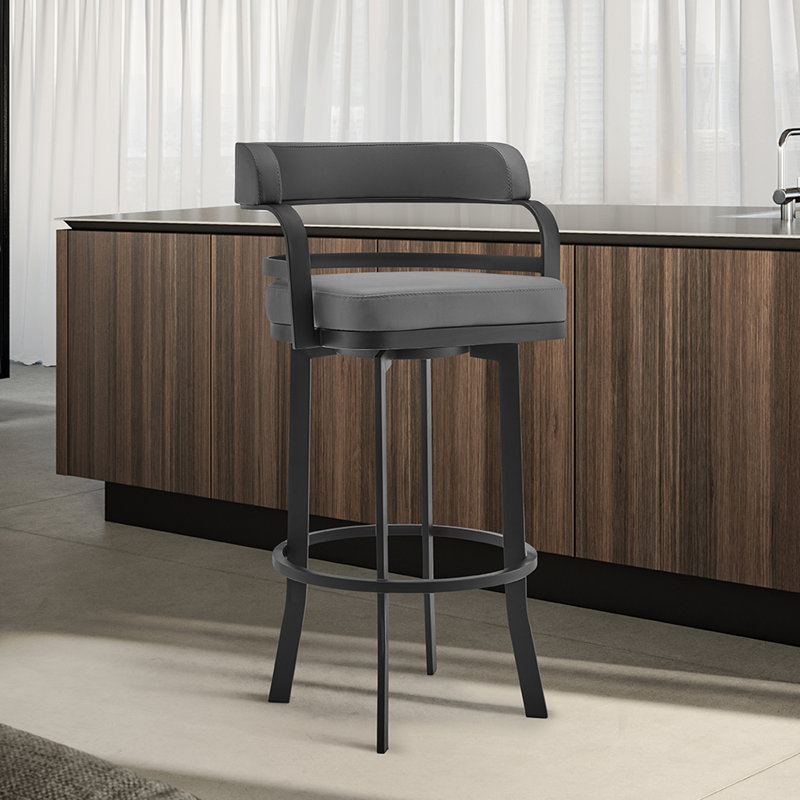Kellum Swivel Counter and Bar Height Barstool with Arms in Faux Leather Upholstery and Metal Legs, Black, Chrome