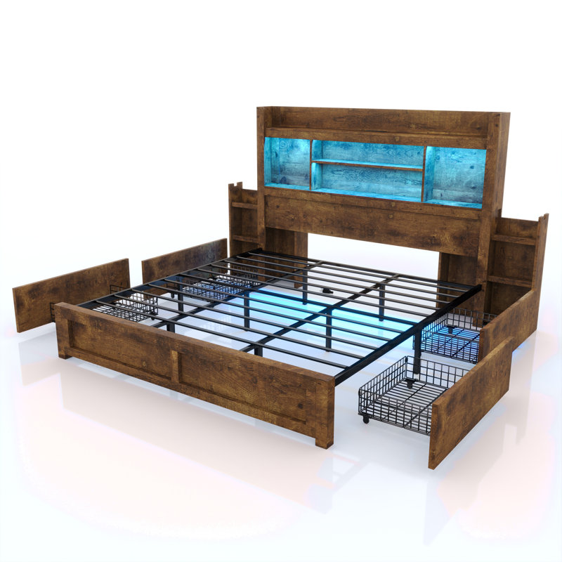 Revan Farmhouse Bed Frame with Bookcase Headboard, 2 Detachable Racks, 4 Drawers & RGB LED, Queen, Brown