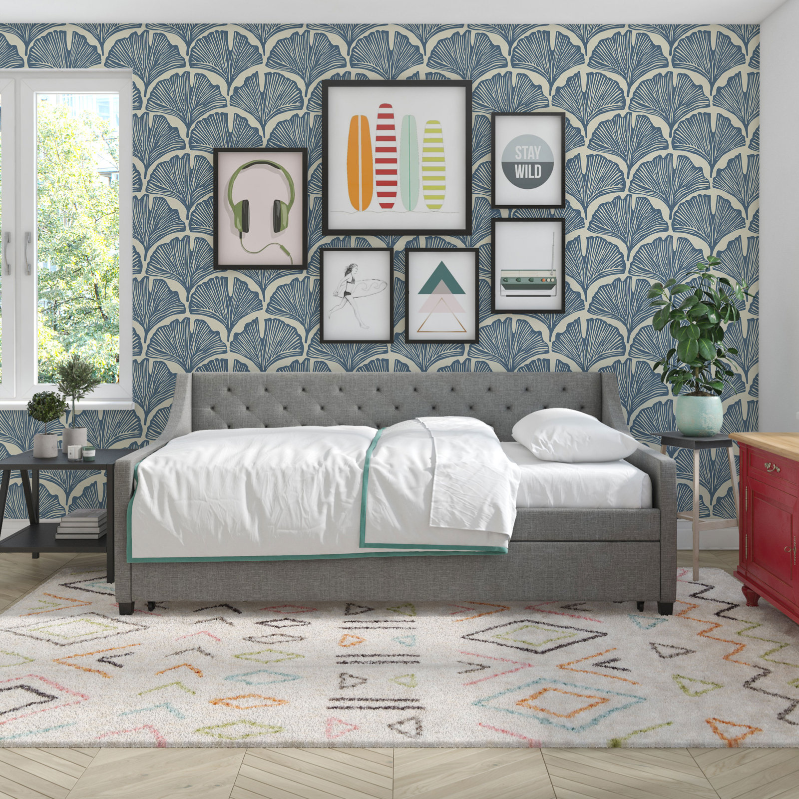 Novogratz Feather Palm Self-Adhesive Wallpaper Roll, Light Blue/Off-White