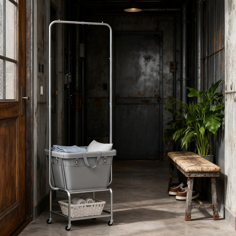 Chariot à linge avec support à suspendre, panier à linge roulant avec roulettes et sac à doublure amovible, panier à linge robuste en métal avec tablette de rangement à usage domestique
