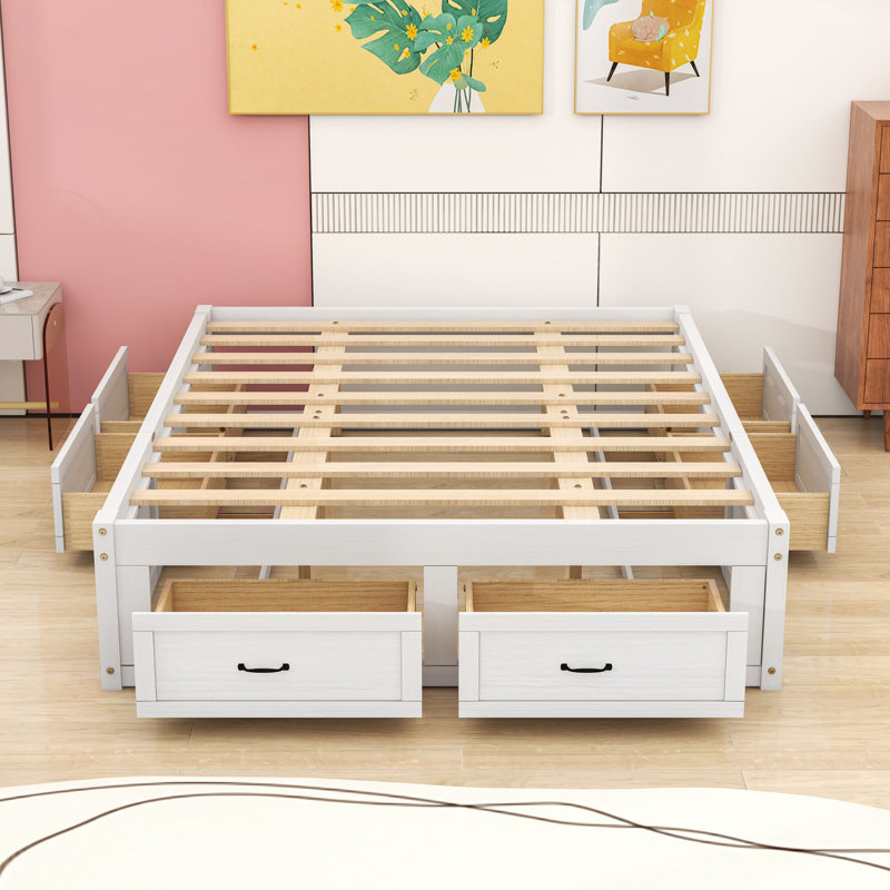 Lit plateforme en bois 6 tiroirs au design épuré, Blanc antique, Grand