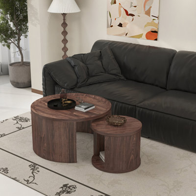Round Nesting Coffee Table Set Of 2 Wood Color Coffee Table, 31.5" Large & 18" Small Low Tables With Wood Top, Center Table For Living Room, Bedroom,