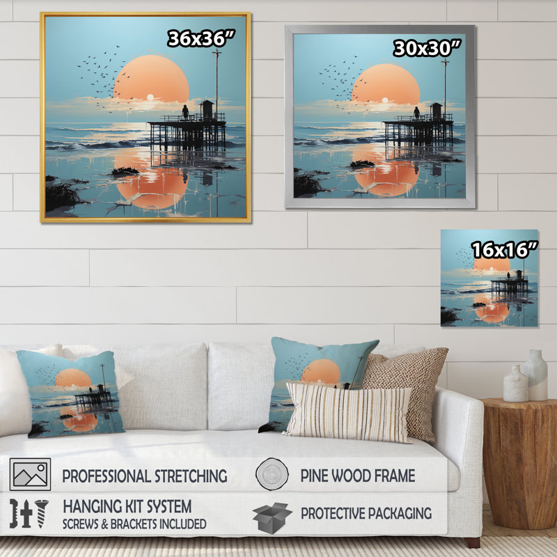 Pier Lone Pier Papercut II - Nautical & Beach Canvas Art Print, Cadre simple noir, H 36 po x l 36 po x P 1,5 po