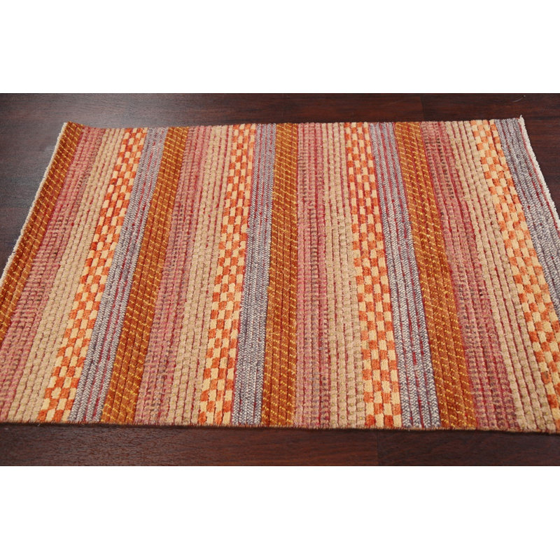 Tapis orange / gris en laine noué à la main de conception unique 3 pi 4 po x 4 pi 9 po New Age