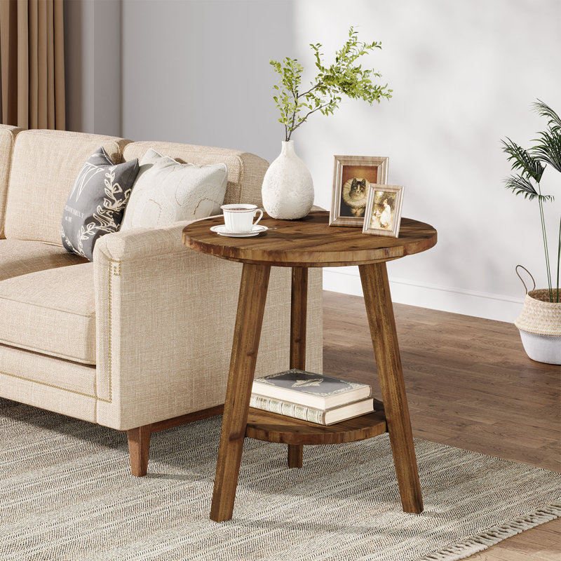 Rustic Solid Wood Round Side Table With Storage Shelf For Living Room, Brown