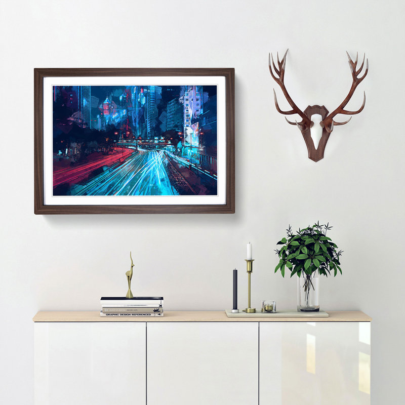 Night Lights of Hong Kong in Abstract - Picture Frame Graphic Art Print, 27cm H x 36cm W x 2cm D, Walnut Framed