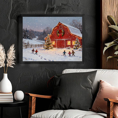 «Black Snowy Christmas Barn with Trees», reproduction d'art encadrée noire