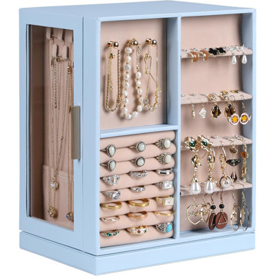 Boîte à bijoux rotative à 360 ° avec 5 tiroirs, fenêtre en verre et 18 crochets à colliers