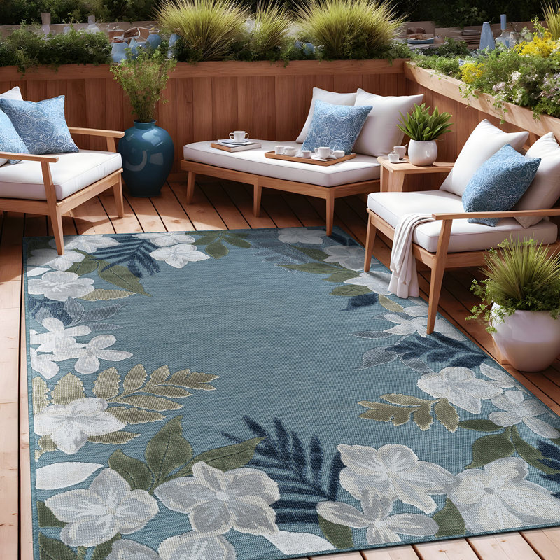 Tapis floral d'intérieur pour l'extérieur, Aqua, Rectangle 6' x 9'
