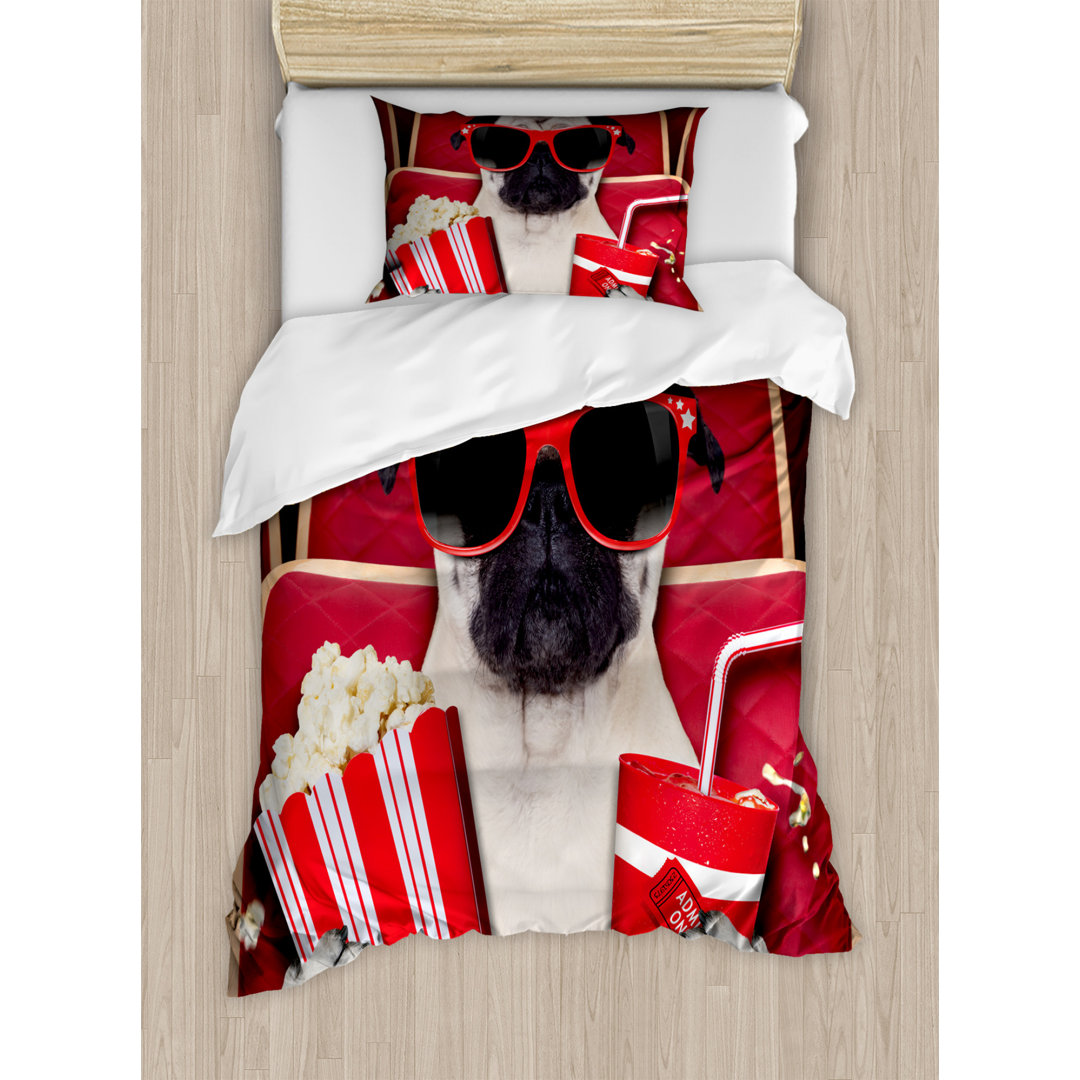 Bettbezug Set, Hund Zusehen Film-Popcorn, Mops, Creme Ruby und Vermilion