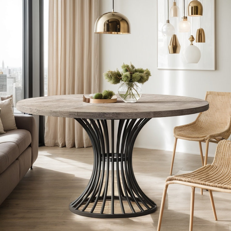 Table de salle à manger ronde de style industriel pour 4 à 6 personnes, table de cuisine de style campagnard avec piètement en métal en forme de sablier