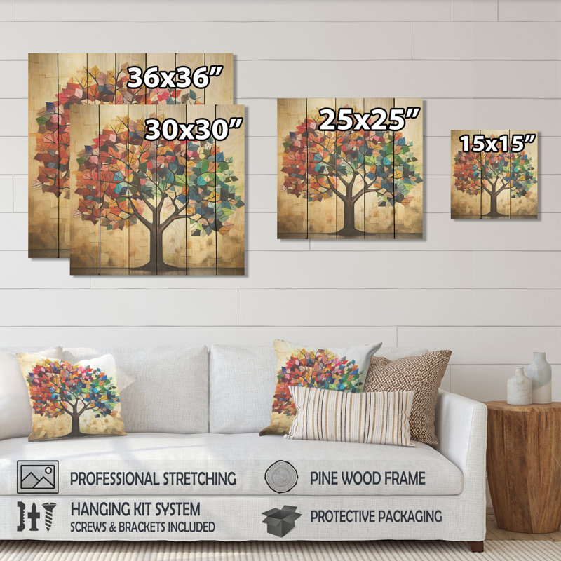 Arbre de harmonie américain coloré I - impression sur bois, H 15 po x l 15 po