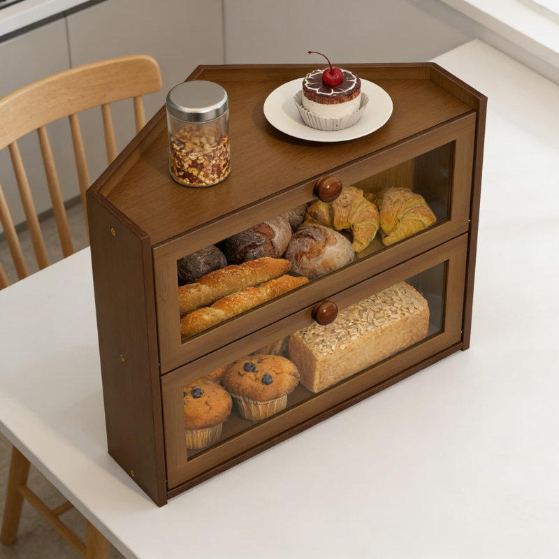 Boîte à pain de coin pour comptoir de cuisine avec fenêtre, grand contenant à pain en bambou avec loquet magnétique, support à pain de style campagnard pour le pain, les produits de boulangerie et les ustensiles de cuisine