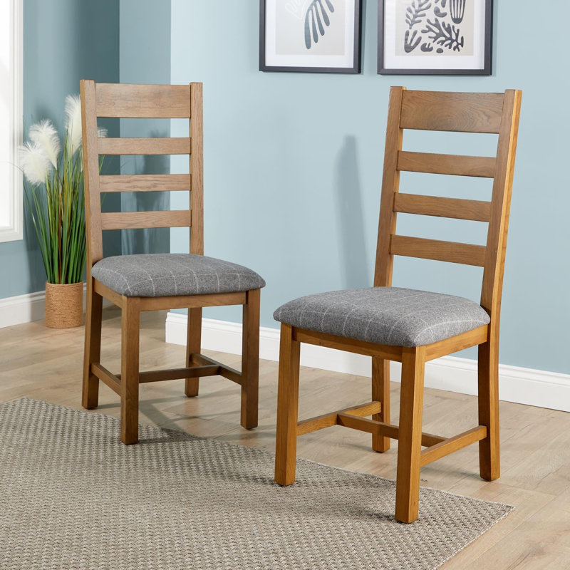 Pair of Assembled High Slatted Back Dining Chairs Wool Seat Solid Oak Legs, Grey