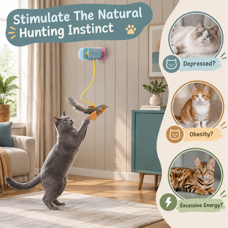 Un oiseau réaliste avec de l'herbe à chat et de la plume est intégré dans ce jouet suspendu rose pour permettre aux chats de jouer à l'intérieur d'un cadre de porte.