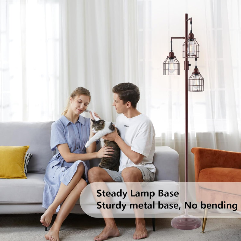 Farmhouse Industrial Dimmable Floor Lamp With 3 Lights, Metal Cage Tree Design, Includes 3 LED Bulbs, 68" Height For Living Room, Bedroom, Office