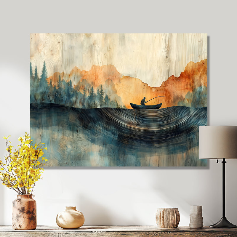 Pêche, tranquillité en bois, glissade en bois, paysage III - bateau de pêche, décoration murale en métal, H 24 po x l 32 po