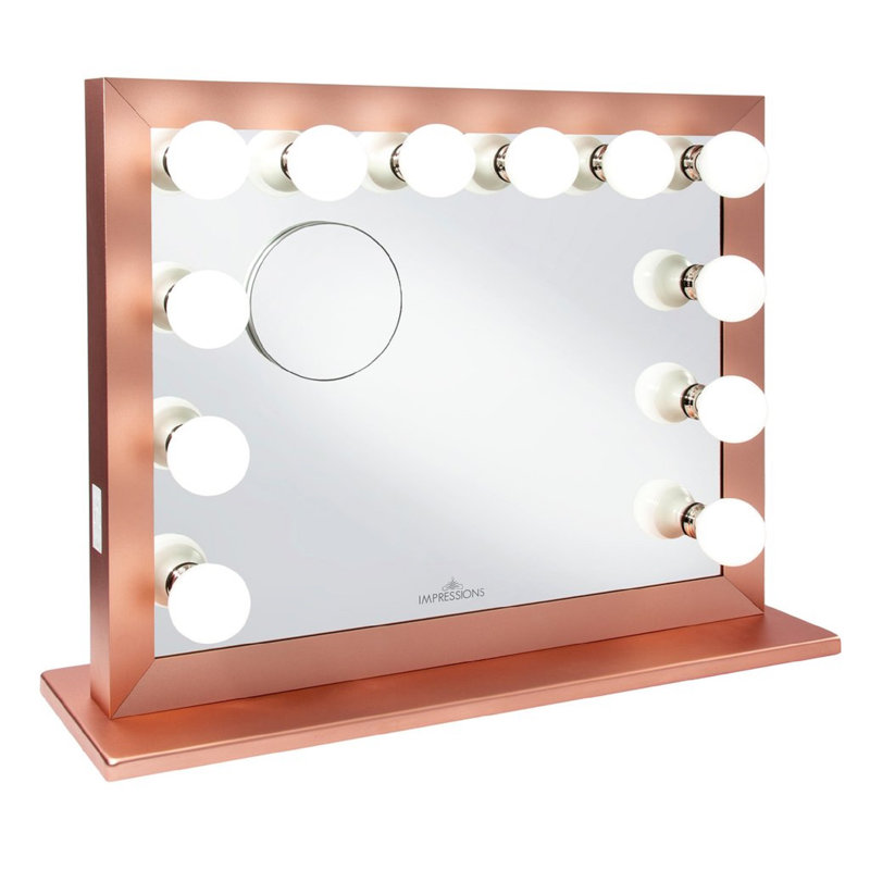 Très grand miroir de coiffeuse Hollywood avec lumières 12 lumières DEL avec verre magnétique 5X, Or rose, Plastique