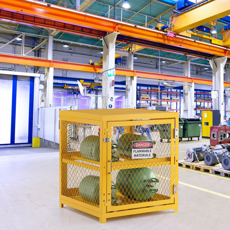 Horizontal Cylinder Storage Cabinet, 4 x 33 lbs Cylinder Capacity, 31.02x30.04x35 inch Propane Storage Cage, Gas Cylinder Cabinet, Yellow Powder Coat Finish, for Freon, Gases, Oxygen, Nitrogen