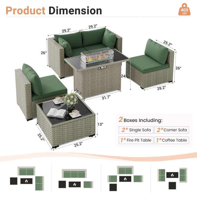 5 Pieces Design-Oriented Rattan Patio Conversation Sets With Fire Pit, Green