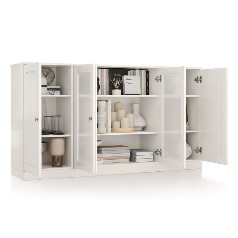 100% Solid Wood 65" Sideboard with Solid, Frosted Glass Doors and Adjustable Shelves, White