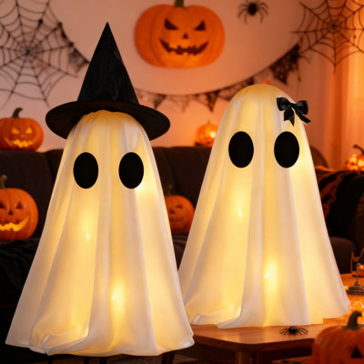 [Timer] Light Up Halloween Ghost Decorations (Set Of 2) - DIY Spooky Ghost Crafts For Indoor Home Mantel Shelf, Tabletop & Home Decor