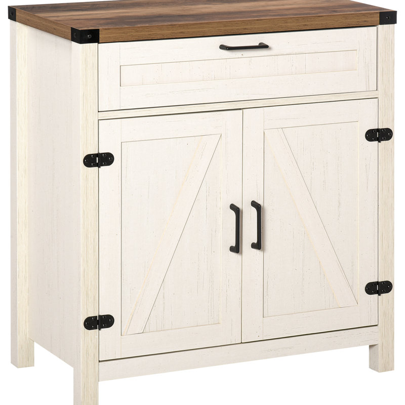 Armoire de rangement avec 2 portes de grange - Buffet à finition blanche et aspect attrayant