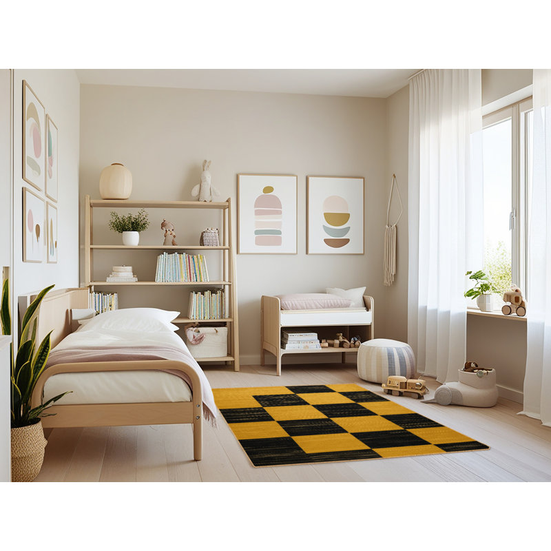 Machine Washable Checkered Brown Area Rug